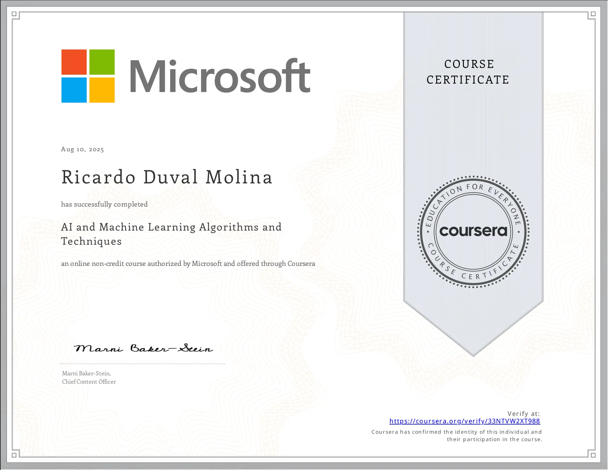 AI and Machine Learning Algorithms and Techniques certificate