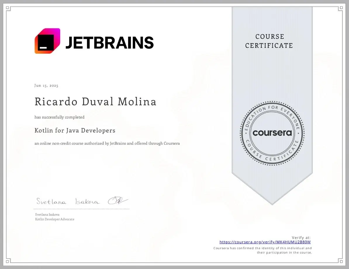 Kotlin for Java Developers certificate